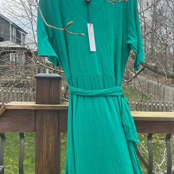 Nicole Miller v neck 3/4 sleeve belted maxi spring dress grass green size XL NWT - Picture 14 of 17